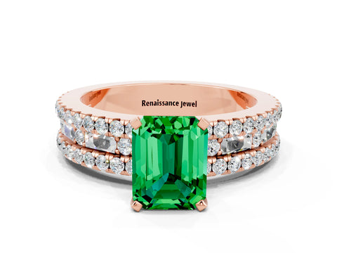 Rose gold Emerald Cut Emerald Solitaire Ring with Pavé and Channel Set Band