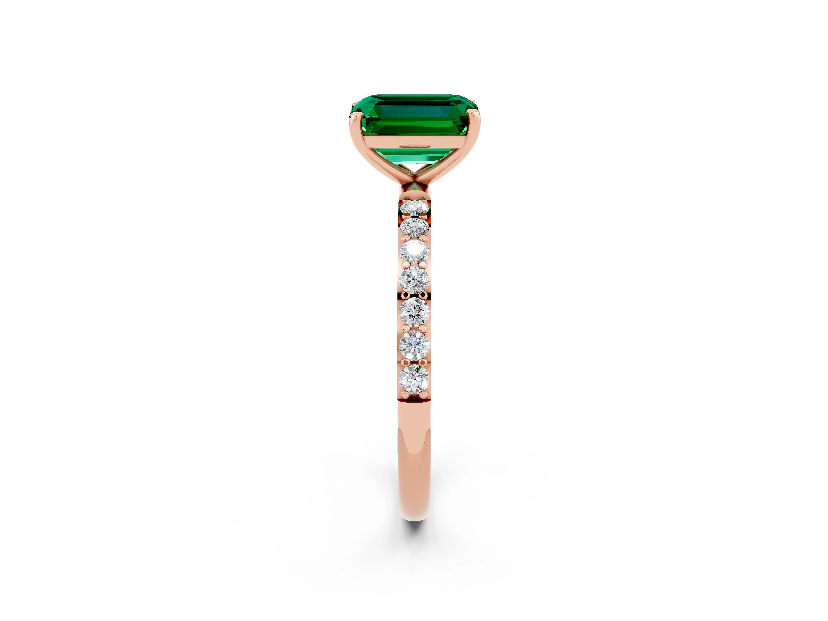 Rose gold Emerald Cut Emerald Solitaire Ring with Pave Band and Four Prong Setting_26