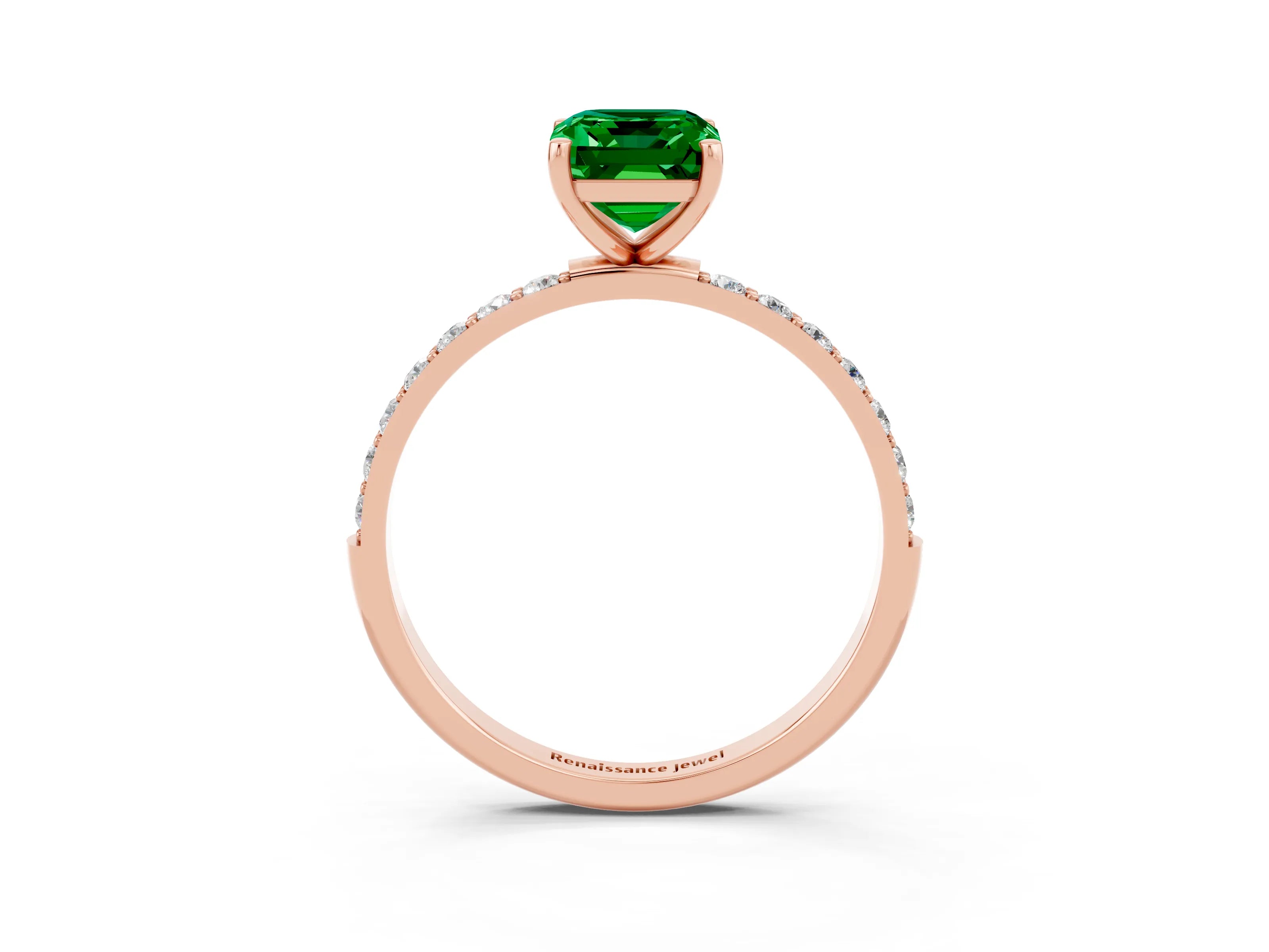 Rose gold Emerald Cut Emerald Solitaire Ring with Pave Band and Four Prong Setting_27