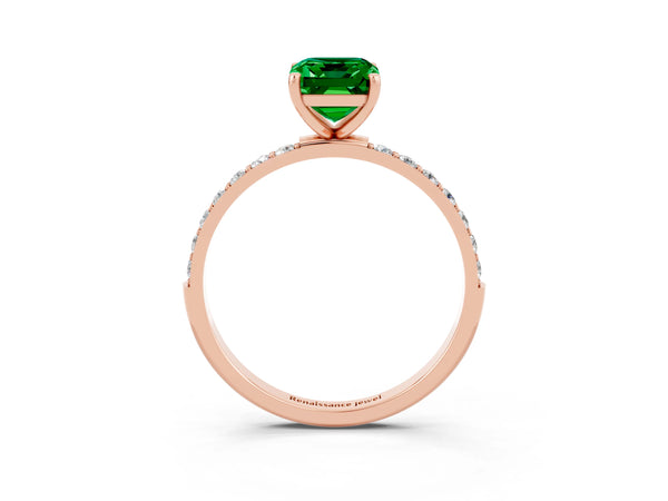 Rose gold Emerald Cut Emerald Solitaire Ring with Round  Pavé Band and Prong Setting