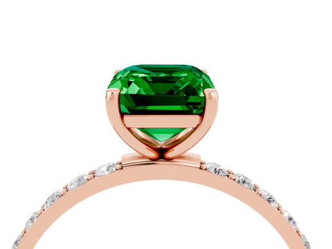 Rose gold Emerald Cut Emerald Solitaire Ring with Pave Band and Four Prong Setting_28