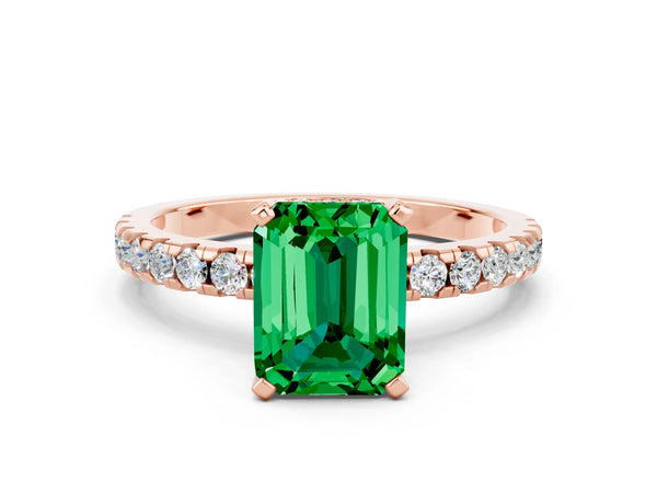 Rose gold Emerald Cut Emerald Solitaire Ring with Round  Pavé Band and Four-Prong Setting