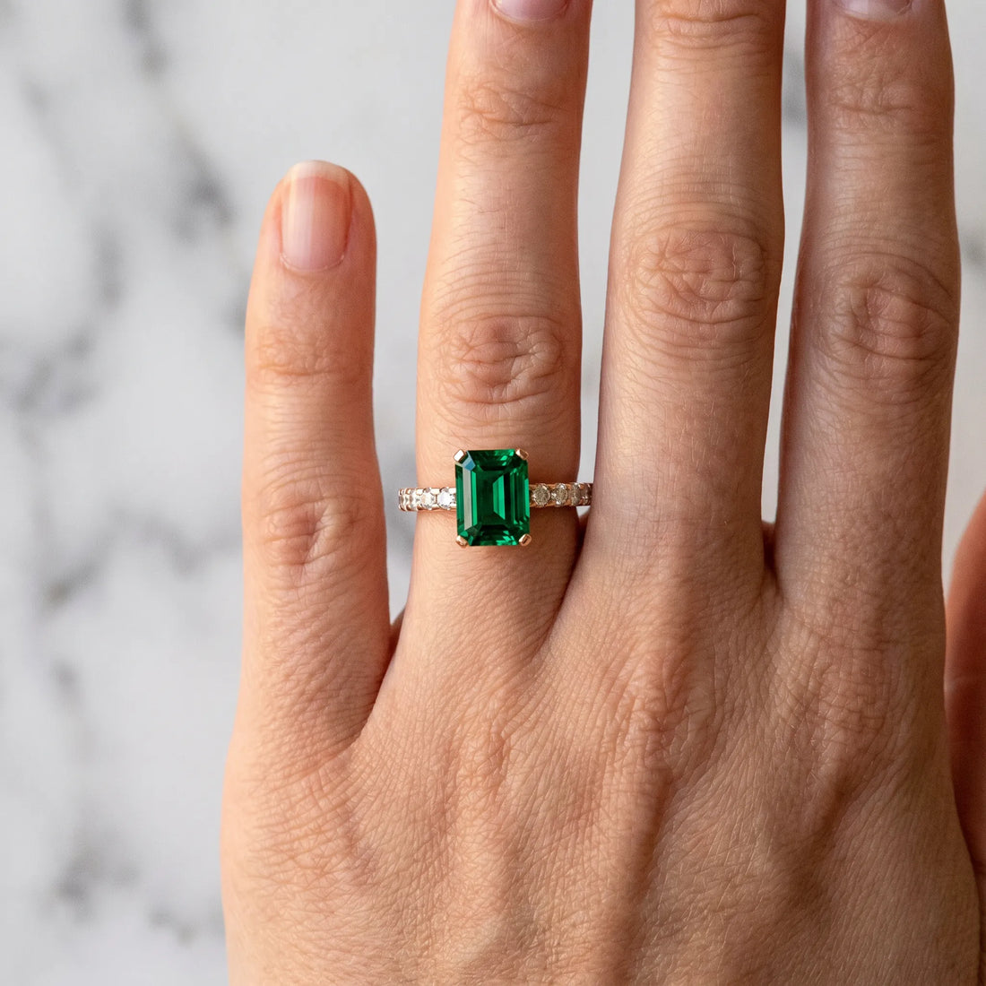 Rose gold Emerald Cut Emerald Solitaire Ring with Round  Pavé Band and Four-Prong Setting_42