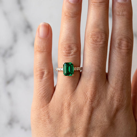 Rose gold Emerald Cut Emerald Solitaire Ring with Round  Pavé Band and Four-Prong Setting_42
