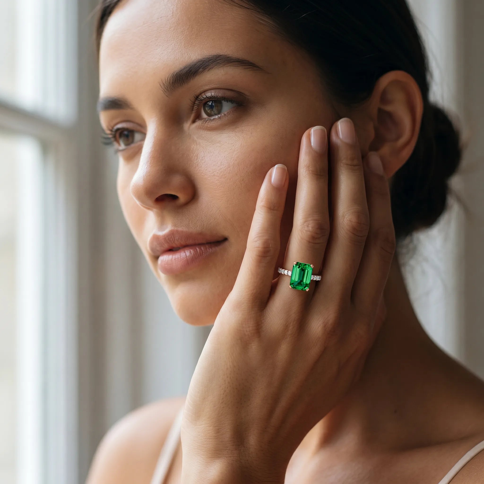 Rose gold Emerald Cut Emerald Solitaire Ring with Round  Pavé Band and Four-Prong Setting_43