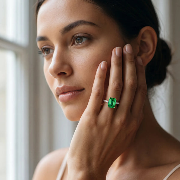 Rose gold Emerald Cut Emerald Solitaire Ring with Round  Pavé Band and Four-Prong Setting