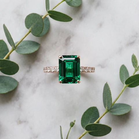 Rose gold Emerald Cut Emerald Solitaire Ring with Round  Pavé Band and Four-Prong Setting_45