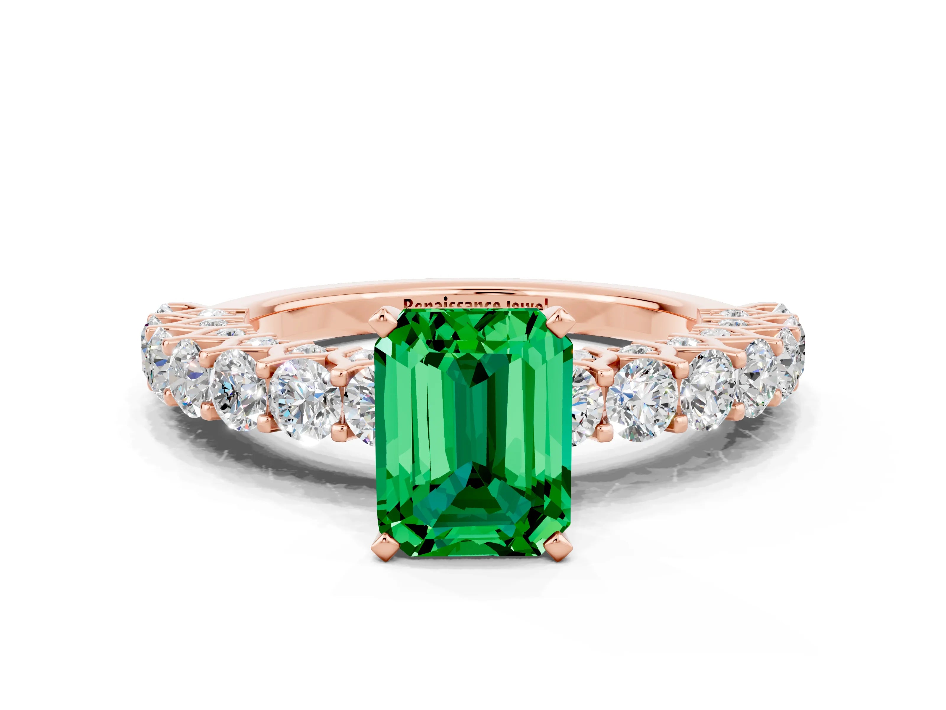 Rose gold Emerald Cut Emerald Solitaire Ring with Shared Prong Pavé Band and Four-Prong Setting