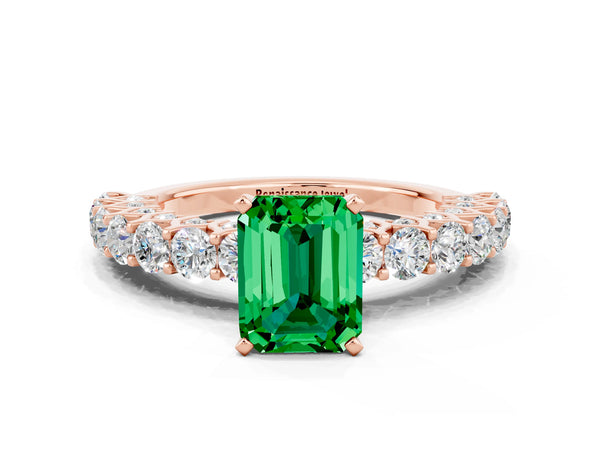Rose gold Emerald Cut Emerald Solitaire Ring with Shared Prong Pavé Band and Four-Prong Setting