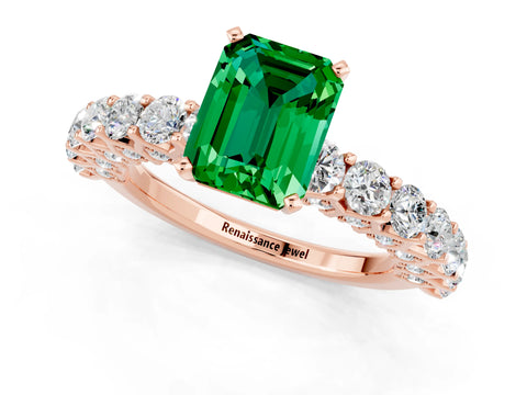 Rose gold Emerald Cut Emerald Solitaire Ring with Shared Prong Pavé Band and Four-Prong Setting_1