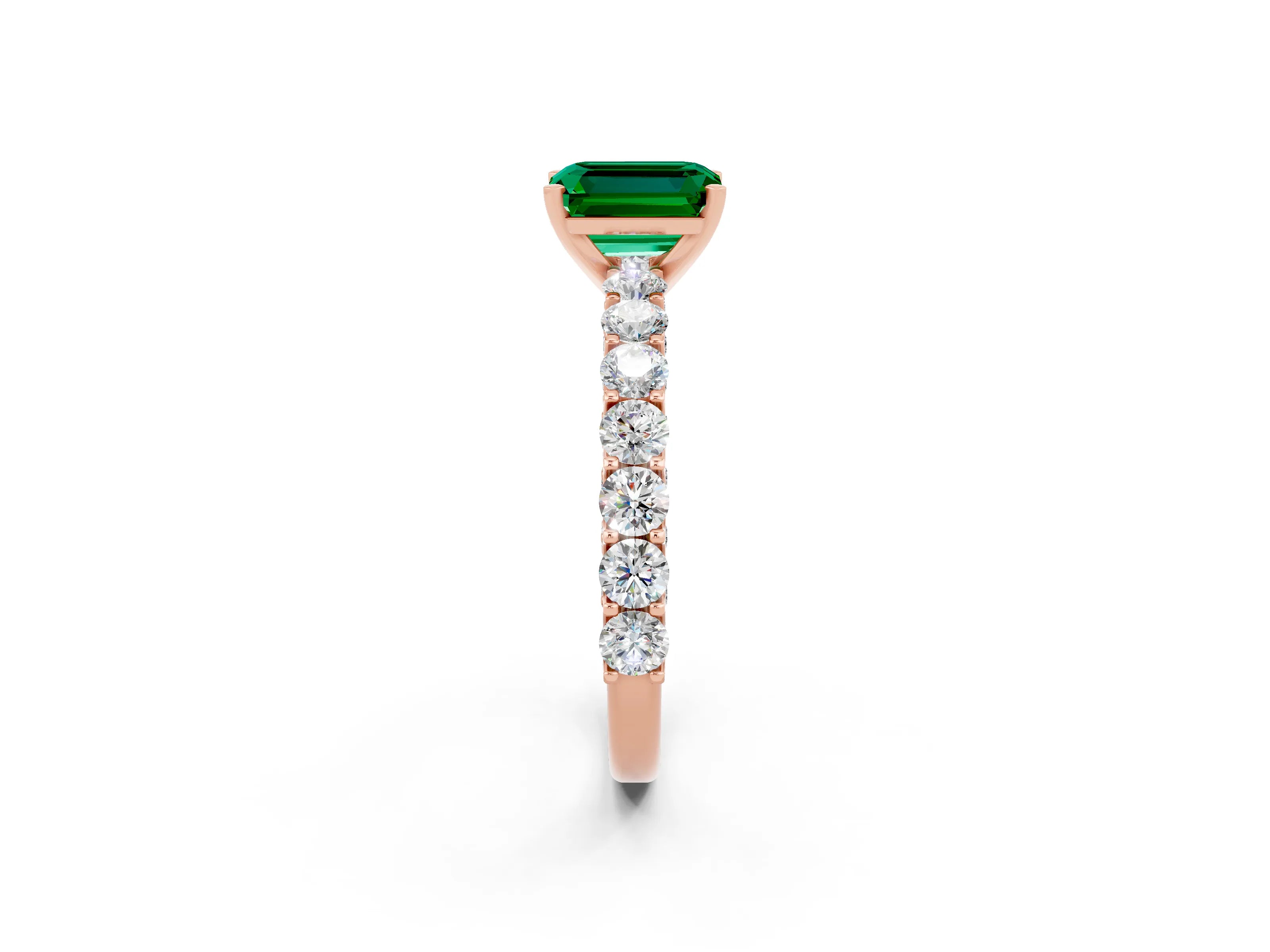 Rose gold Emerald Cut Emerald Solitaire Ring with Shared Prong Pavé Band and Four-Prong Setting_2