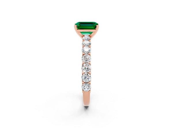 Rose gold Emerald Cut Emerald Solitaire Ring with Shared Prong Pavé Band and Four-Prong Setting