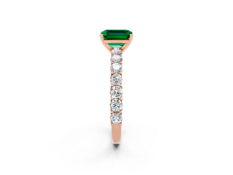 Rose gold Emerald Cut Emerald Solitaire Ring with Shared Prong Pavé Band and Four-Prong Setting_2