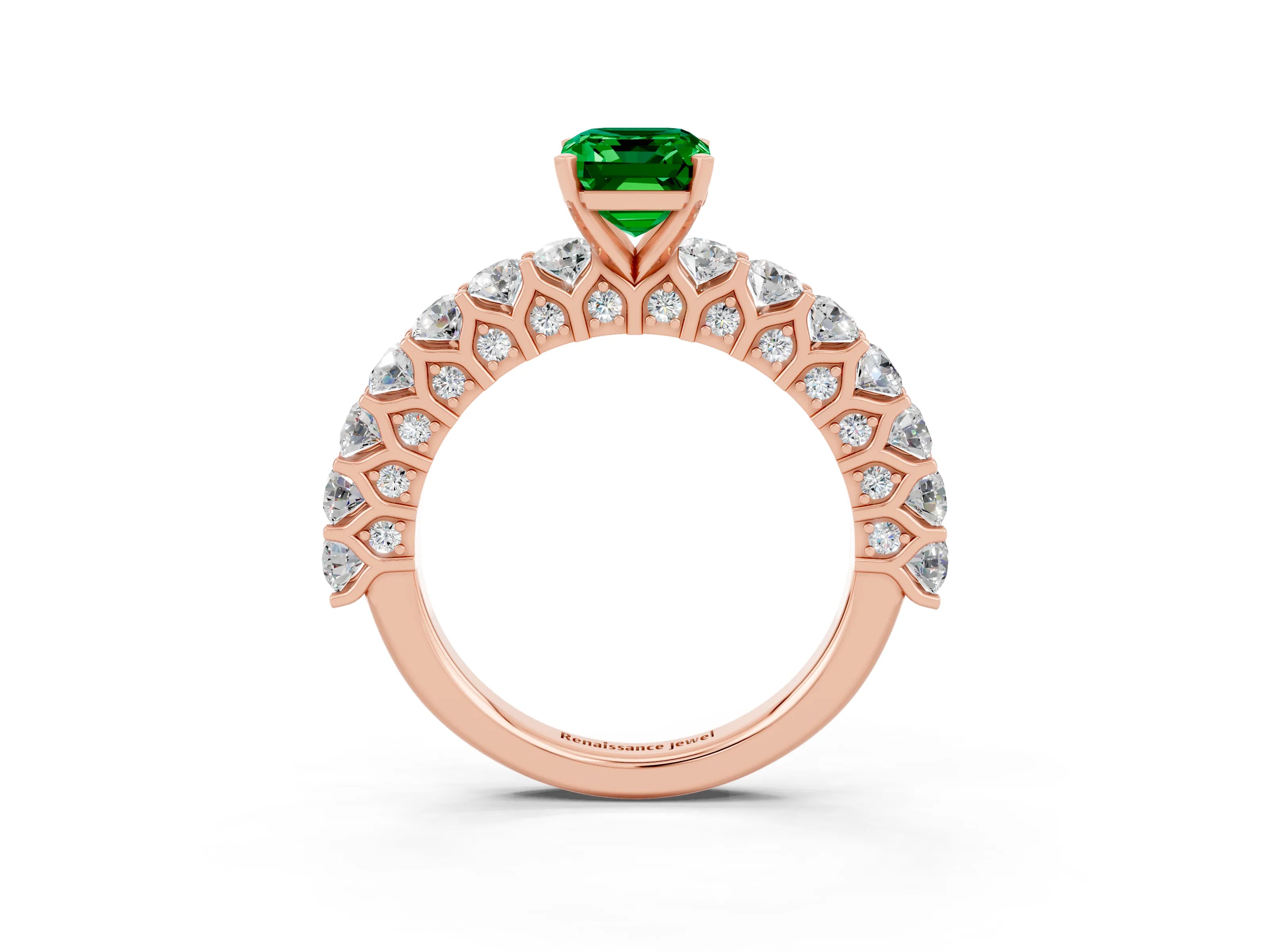 Rose gold Emerald Cut Emerald Solitaire Ring with Shared Prong Pavé Band and Four-Prong Setting_3