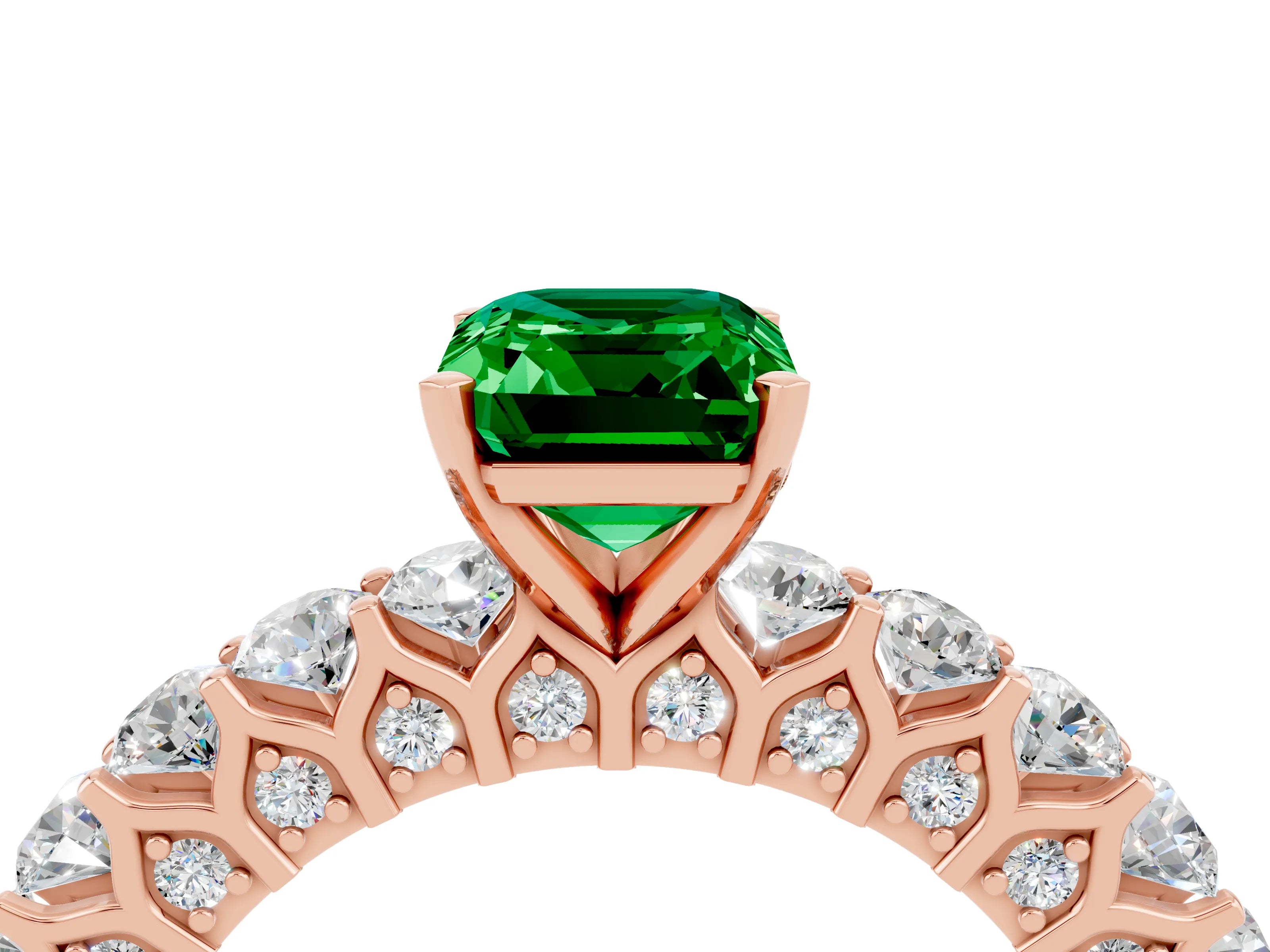 Rose gold Emerald Cut Emerald Solitaire Ring with Shared Prong Pavé Band and Four-Prong Setting_4