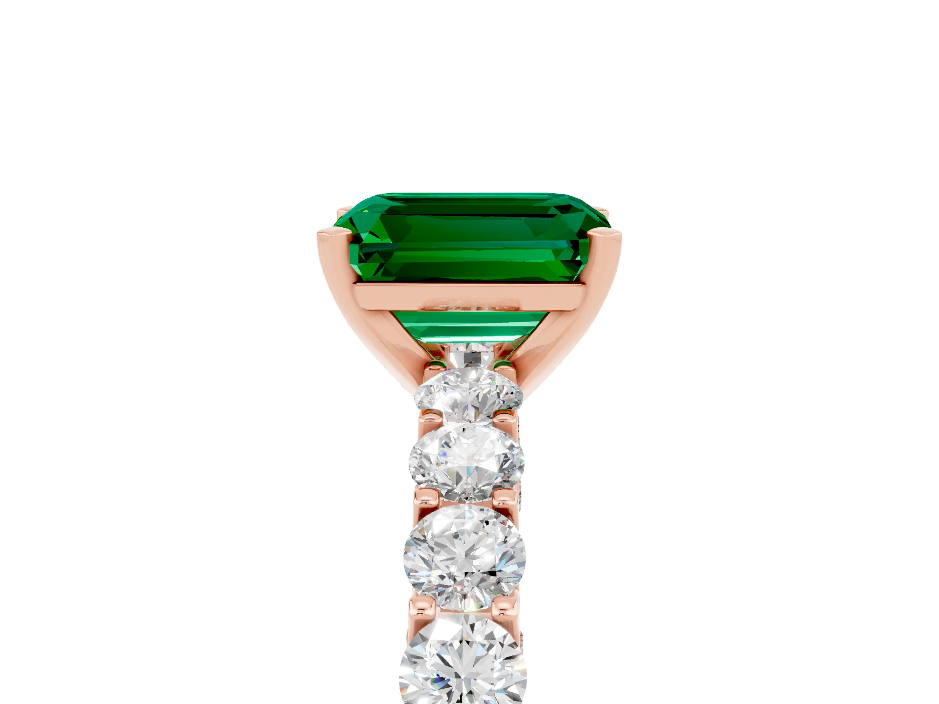 Rose gold Emerald Cut Emerald Solitaire Ring with Shared Prong Pavé Band and Four-Prong Setting_5