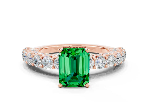 Rose gold Emerald Cut Emerald Solitaire Ring with Shared Prong Pavé Band and Four-Prong Setting