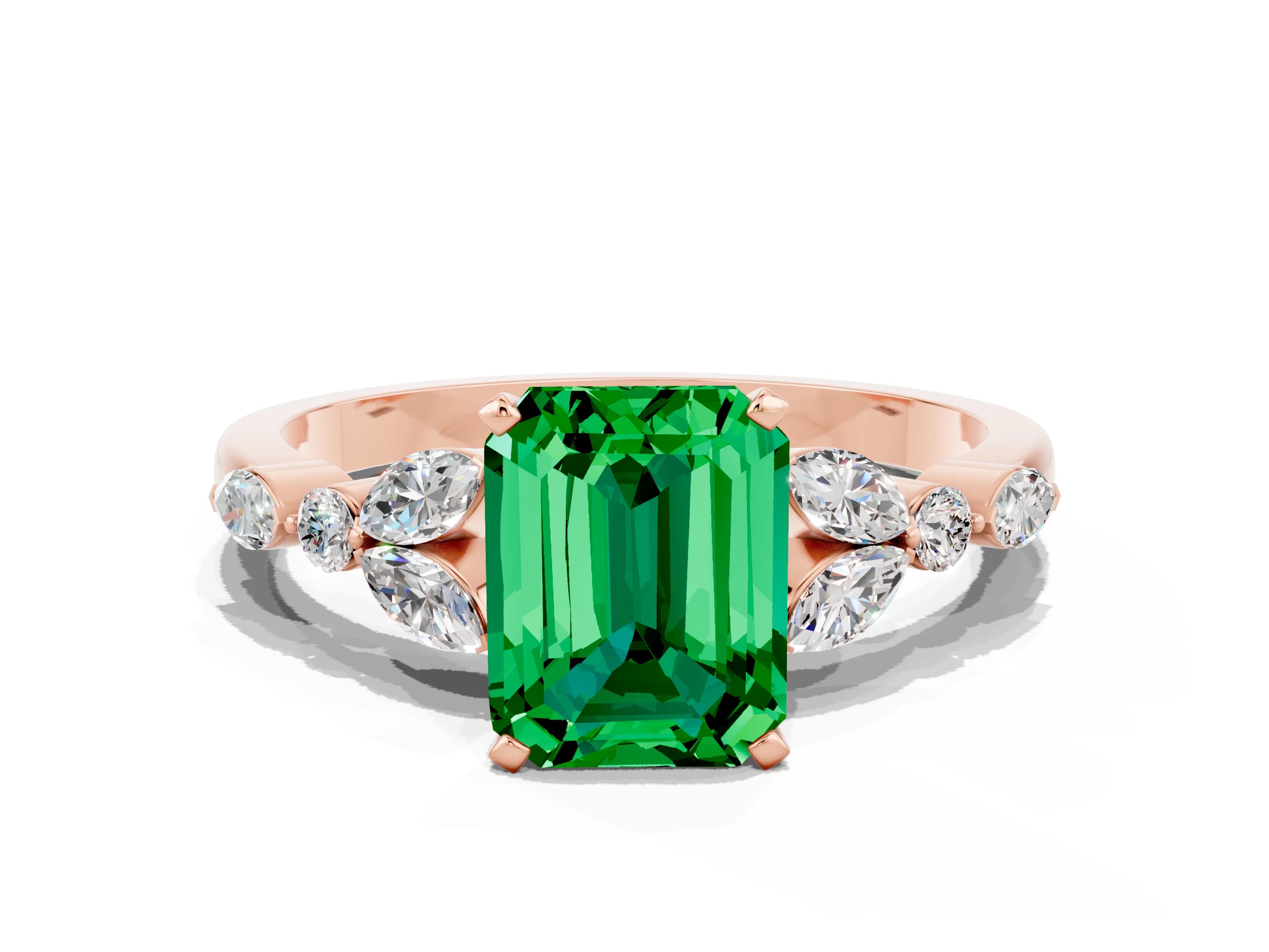 Rose gold Emerald Cut Emerald Solitaire Ring with Side Stones and Four-Prong Setting_12