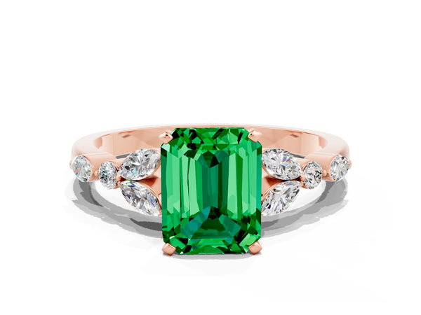 Rose gold Emerald Cut Emerald Solitaire Ring with Side Stones and Four-Prong Setting