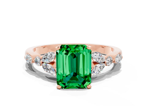 Rose gold Emerald Cut Emerald Solitaire Ring with Side Stones and Four-Prong Setting_12
