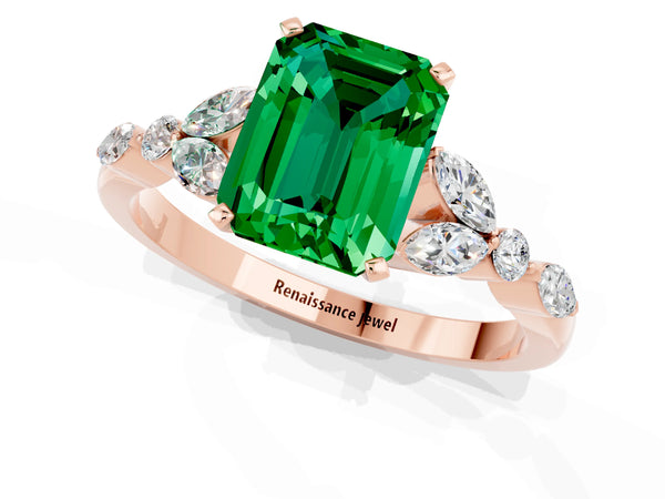 Rose gold Emerald Cut Emerald Solitaire Ring with Side Stones and Four-Prong Setting