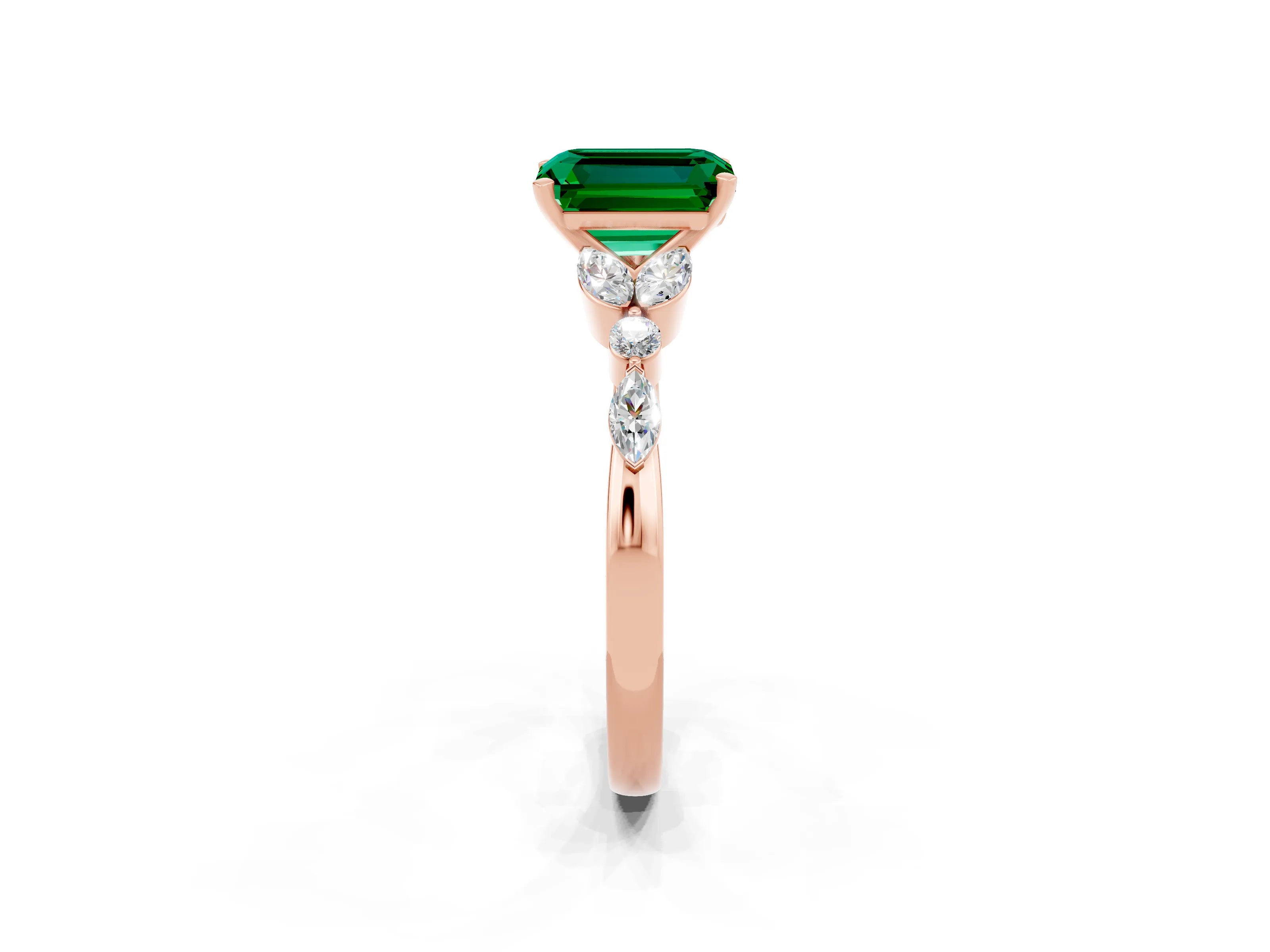 Rose gold Emerald Cut Emerald Solitaire Ring with Side Stones and Four-Prong Setting_14