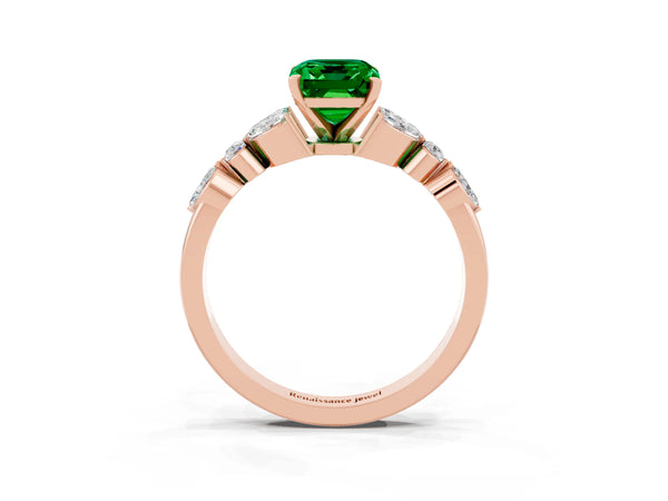 Rose gold Emerald Cut Emerald Solitaire Ring with Side Stones and Four-Prong Setting