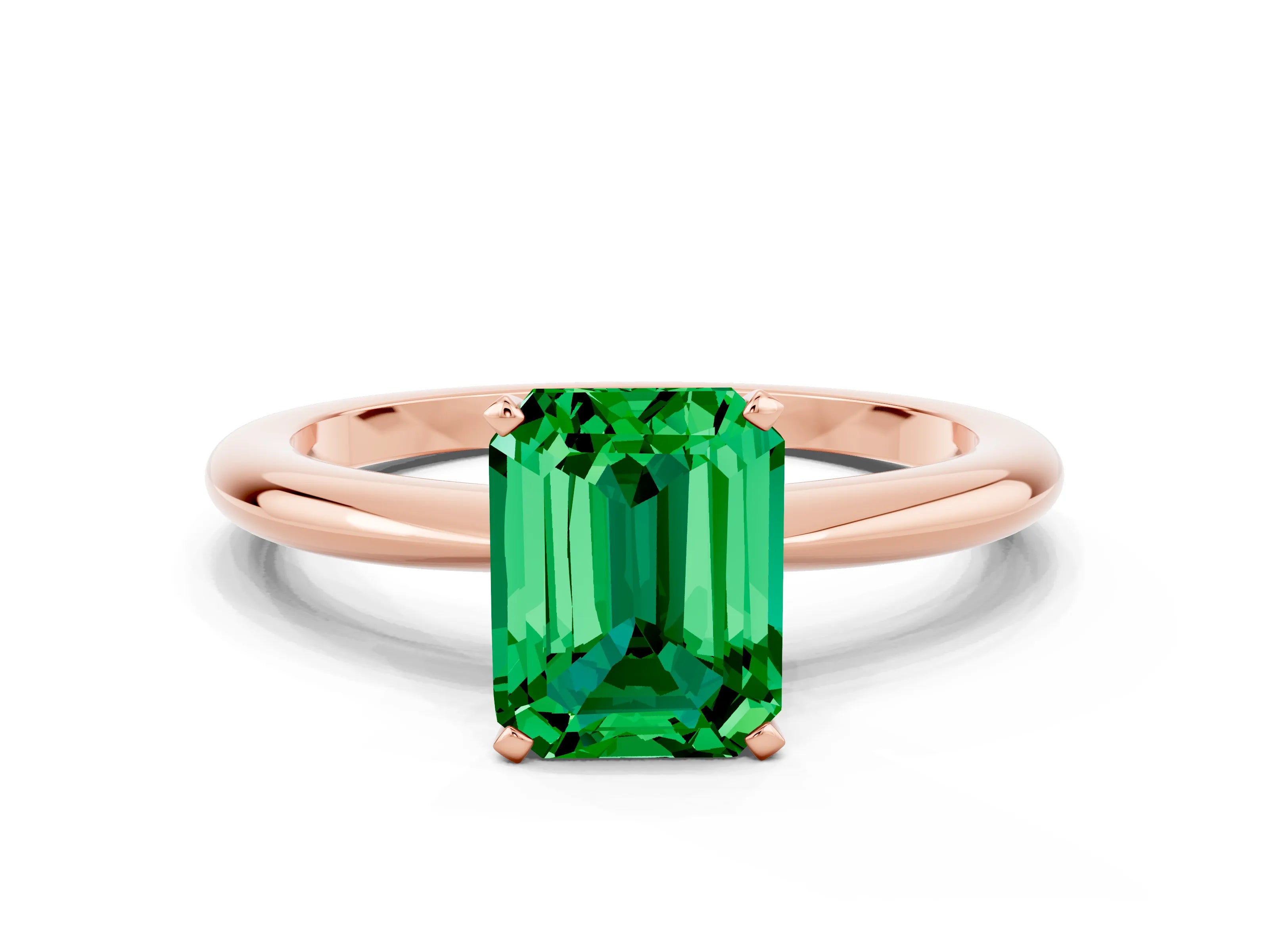 Rose gold Emerald Cut Emerald Solitaire Ring with Six-Prong Setting and Classic Band