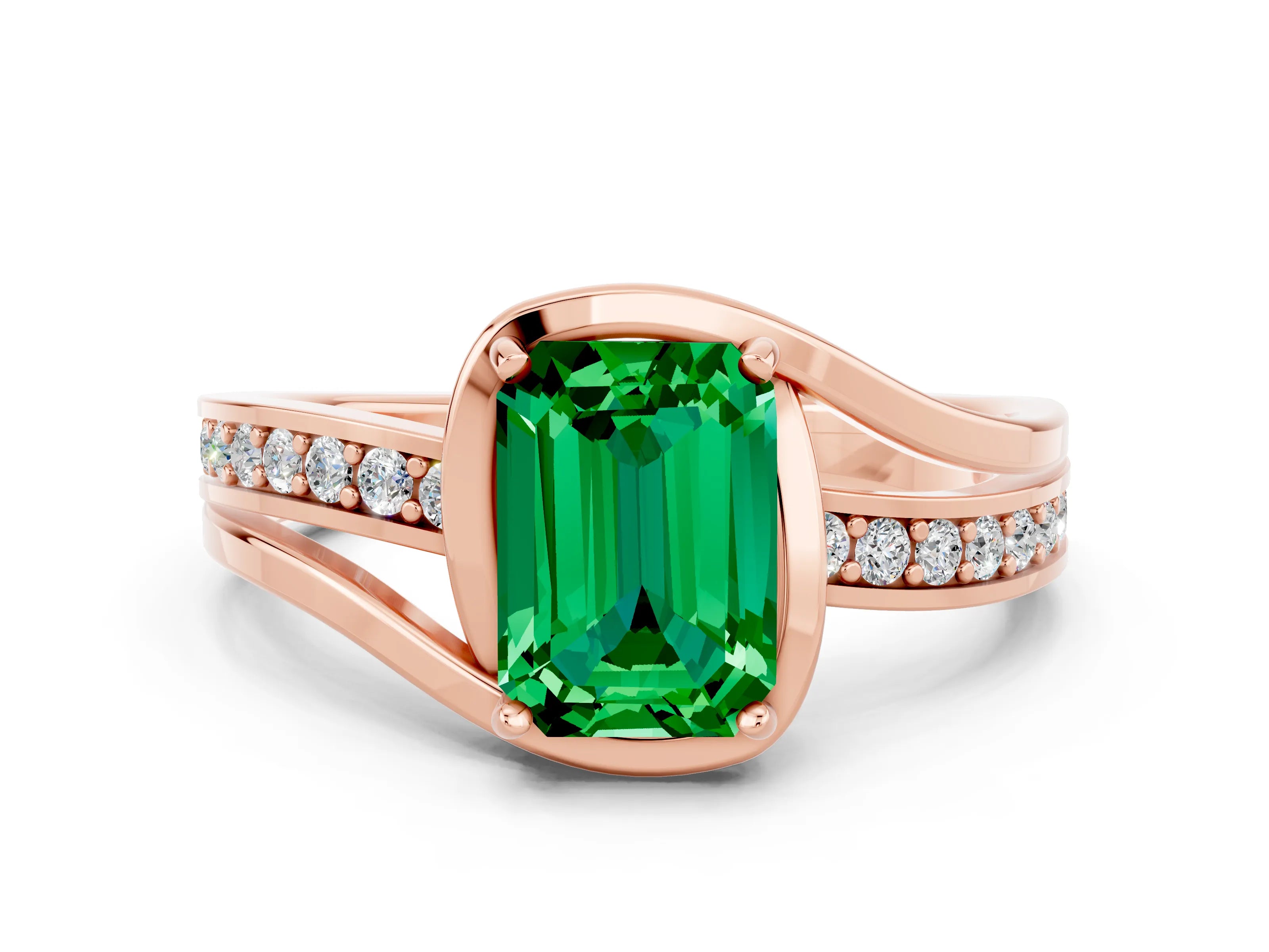 Rose gold Emerald Cut Emerald Solitaire Ring with Split Shank and Prong Setting