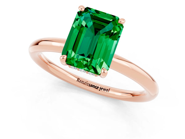 Rose gold Emerald Cut Emerald Solitaire Ring with Thin Band and Four-Prong Setting