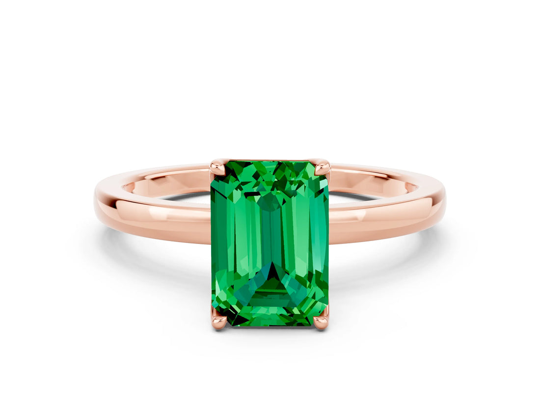 Rose gold Emerald Cut Emerald Solitaire Ring with Thin Band and Prong Setting_12