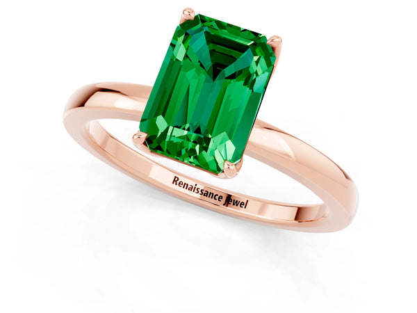 Rose gold Emerald Cut Emerald Solitaire Ring with Thin Band and Prong Setting