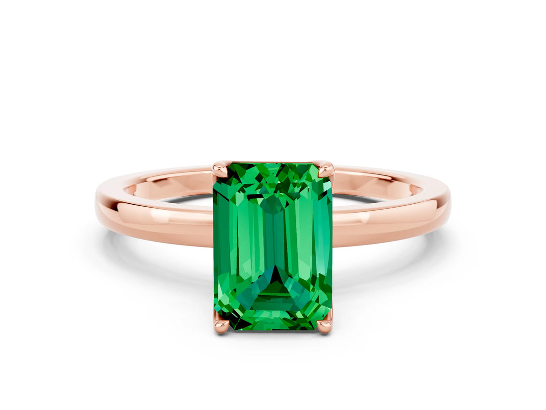 Rose gold Emerald Cut Emerald Solitaire Ring with Thin Band and Prong Setting_24