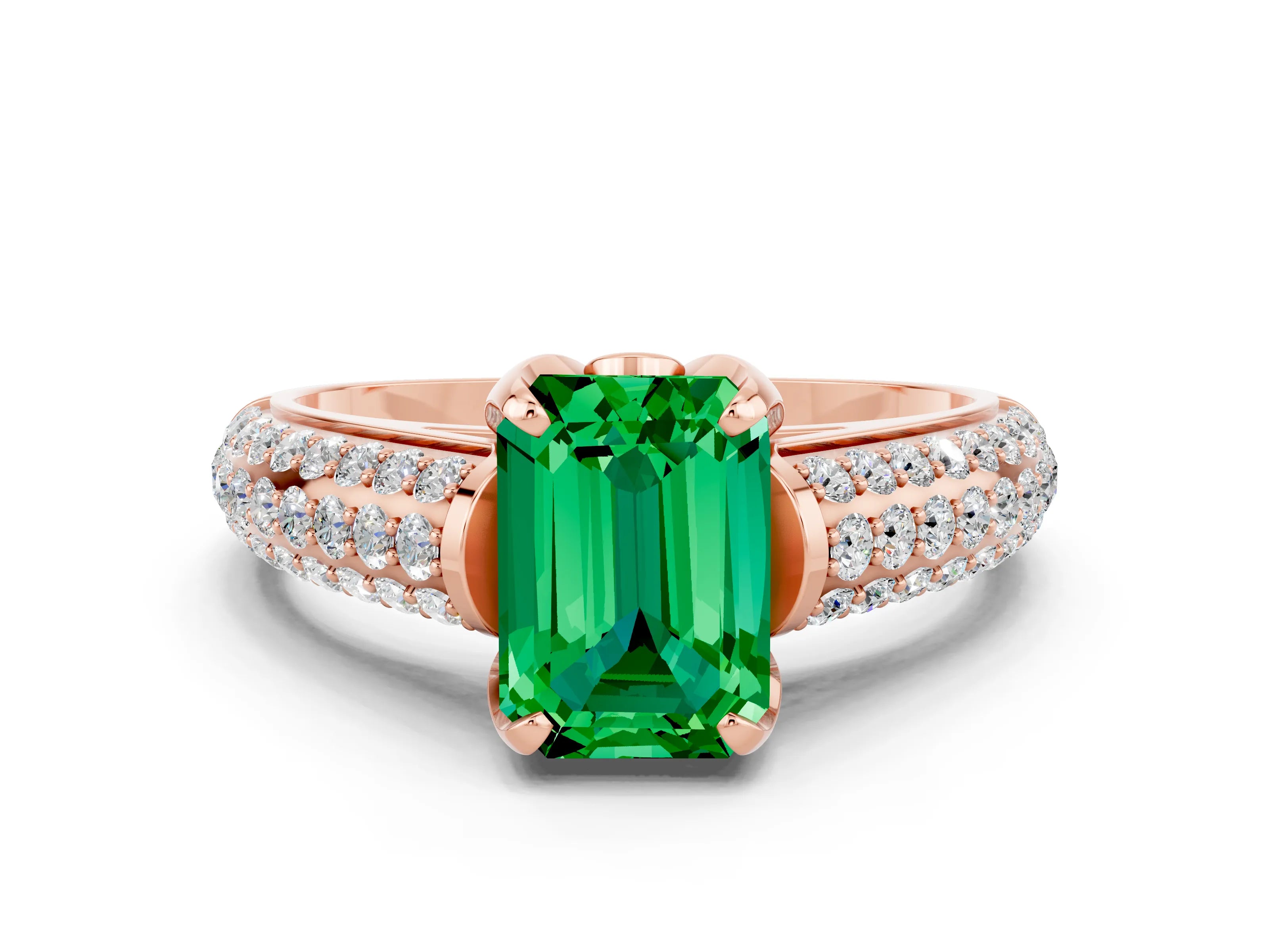 Rose gold Emerald Cut Emerald Solitaire Ring with Three-Row Pavé Band and Four-Prong Setting_12