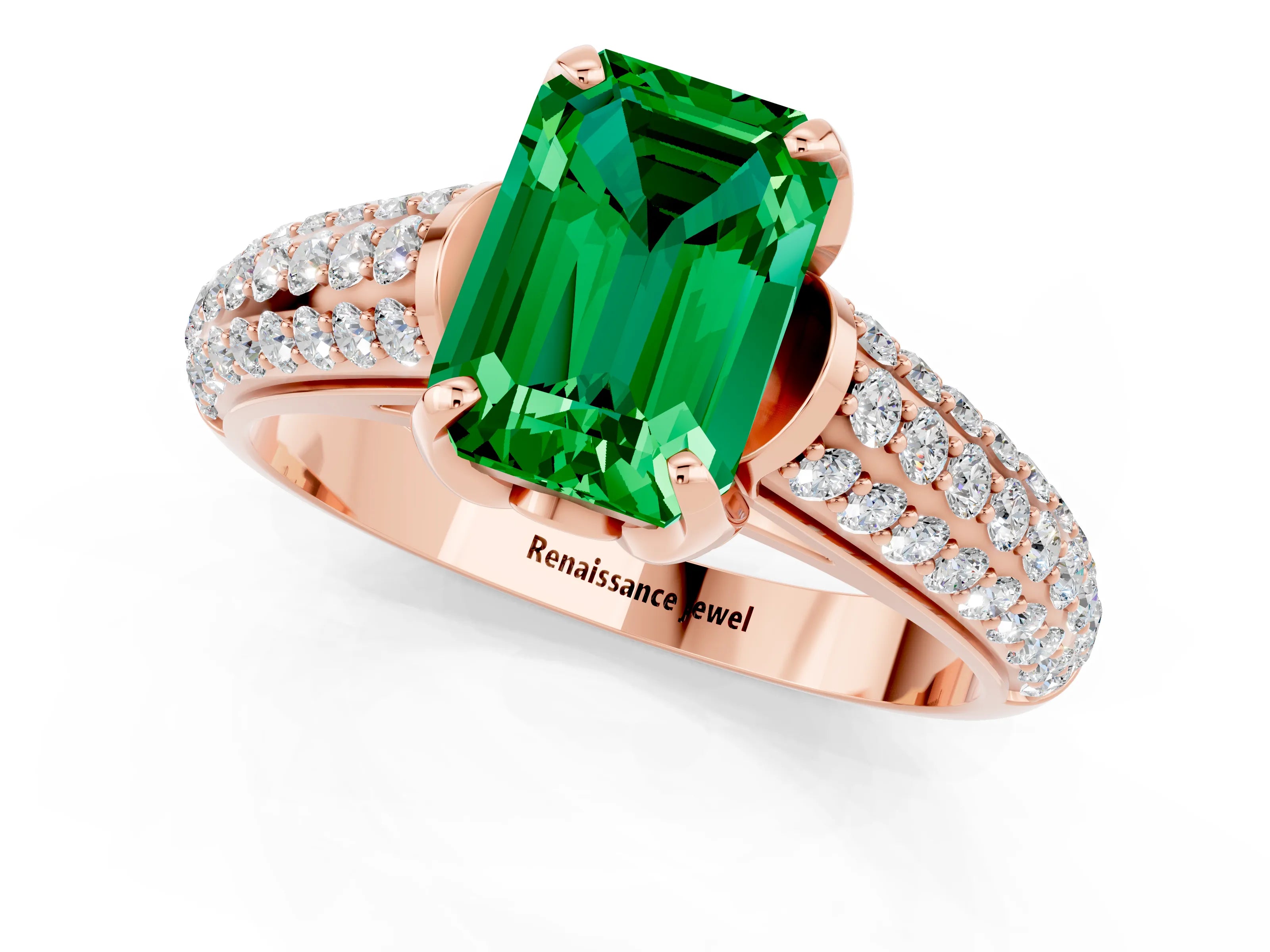 Rose gold Emerald Cut Emerald Solitaire Ring with Three-Row Pavé Band and Four-Prong Setting_13