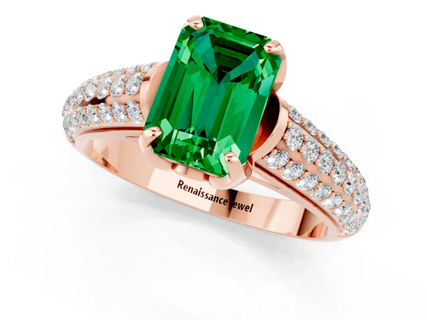 Rose gold Emerald Cut Emerald Solitaire Ring with Three-Row Pavé Band and Four-Prong Setting
