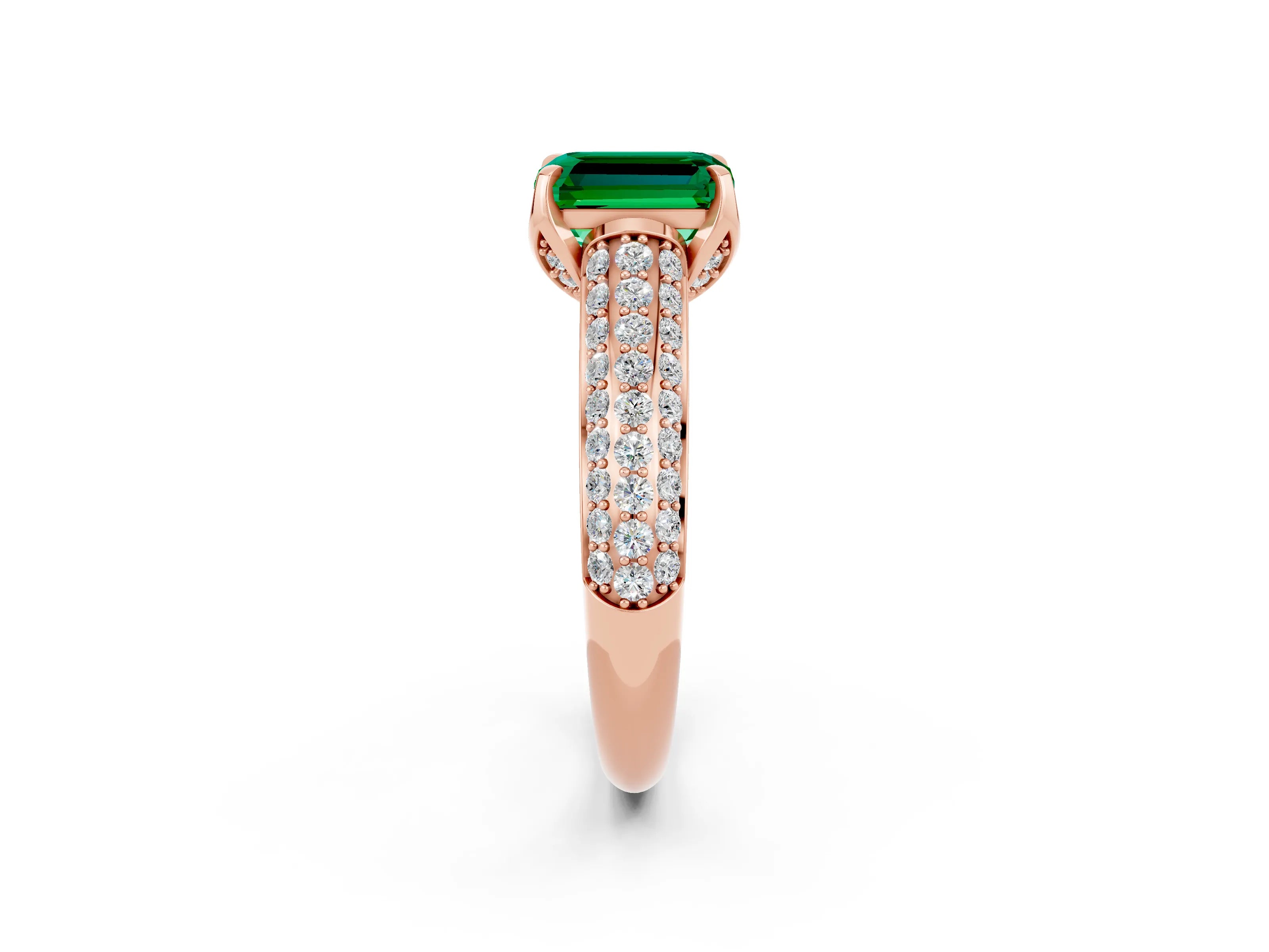 Rose gold Emerald Cut Emerald Solitaire Ring with Three-Row Pavé Band and Four-Prong Setting_14