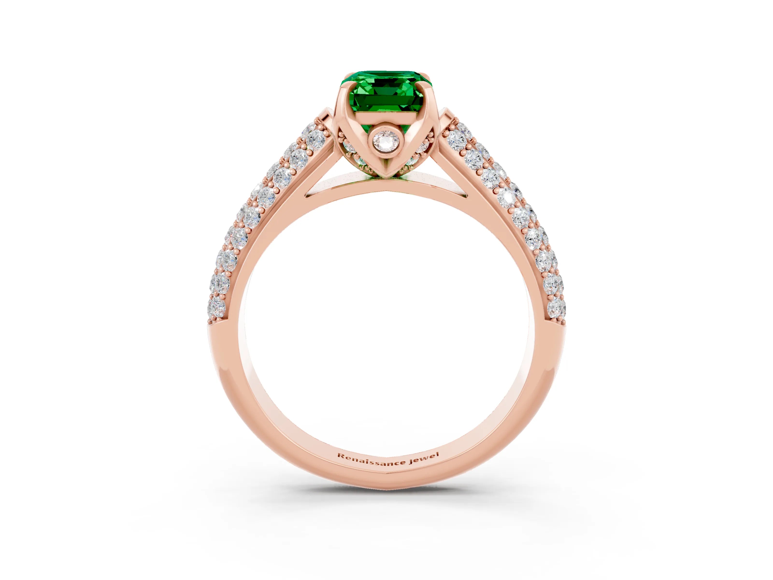 Rose gold Emerald Cut Emerald Solitaire Ring with Three-Row Pavé Band and Four-Prong Setting_15