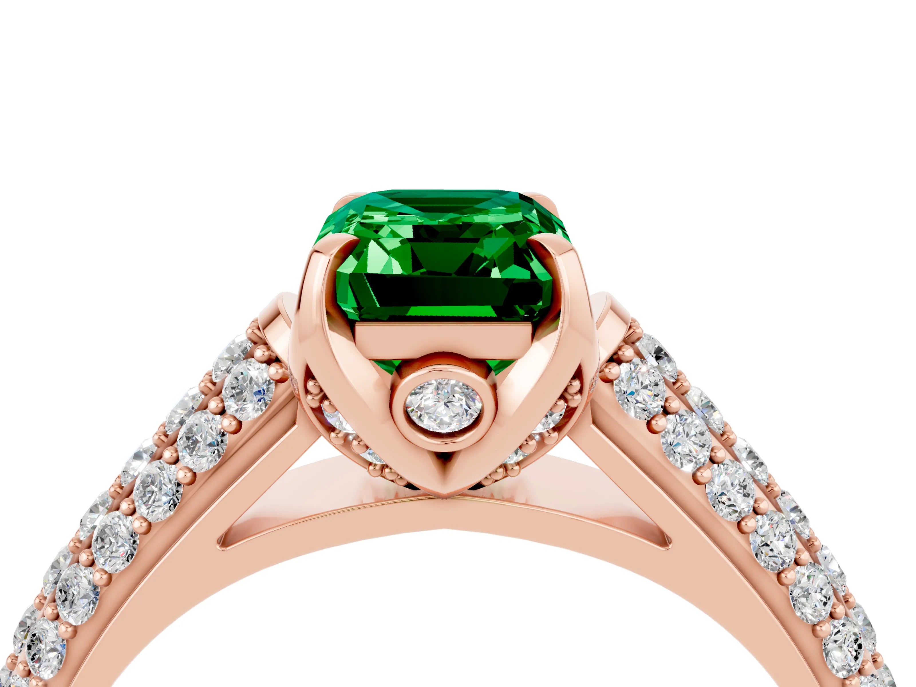 Rose gold Emerald Cut Emerald Solitaire Ring with Three-Row Pavé Band and Four-Prong Setting_16