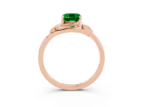 Rose gold Emerald Cut Emerald Solitaire Ring with Twist Band and Four-Prong Setting