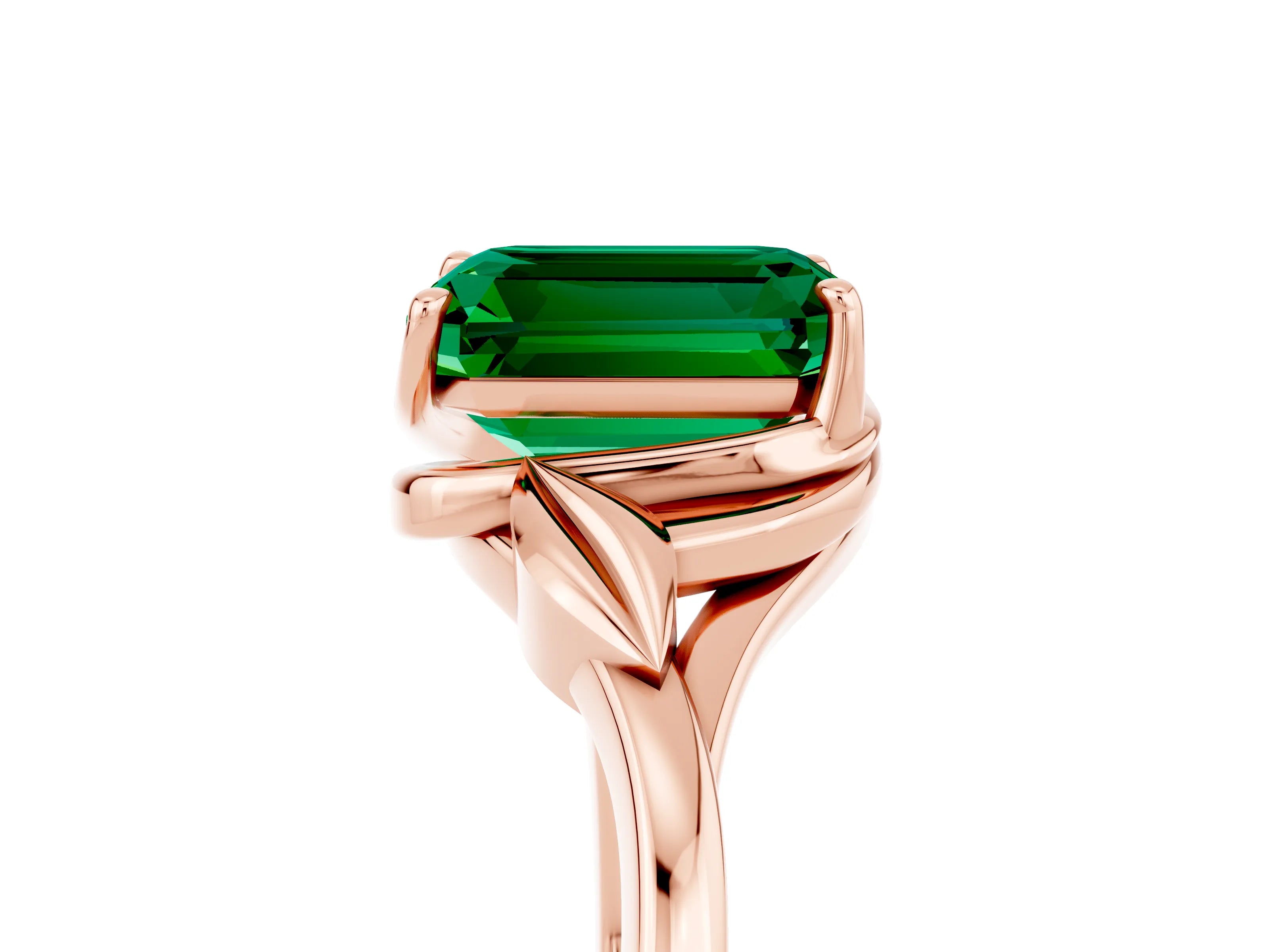 Rose gold Emerald Cut Emerald Solitaire Ring with Twist Band and Four-Prong Setting_29