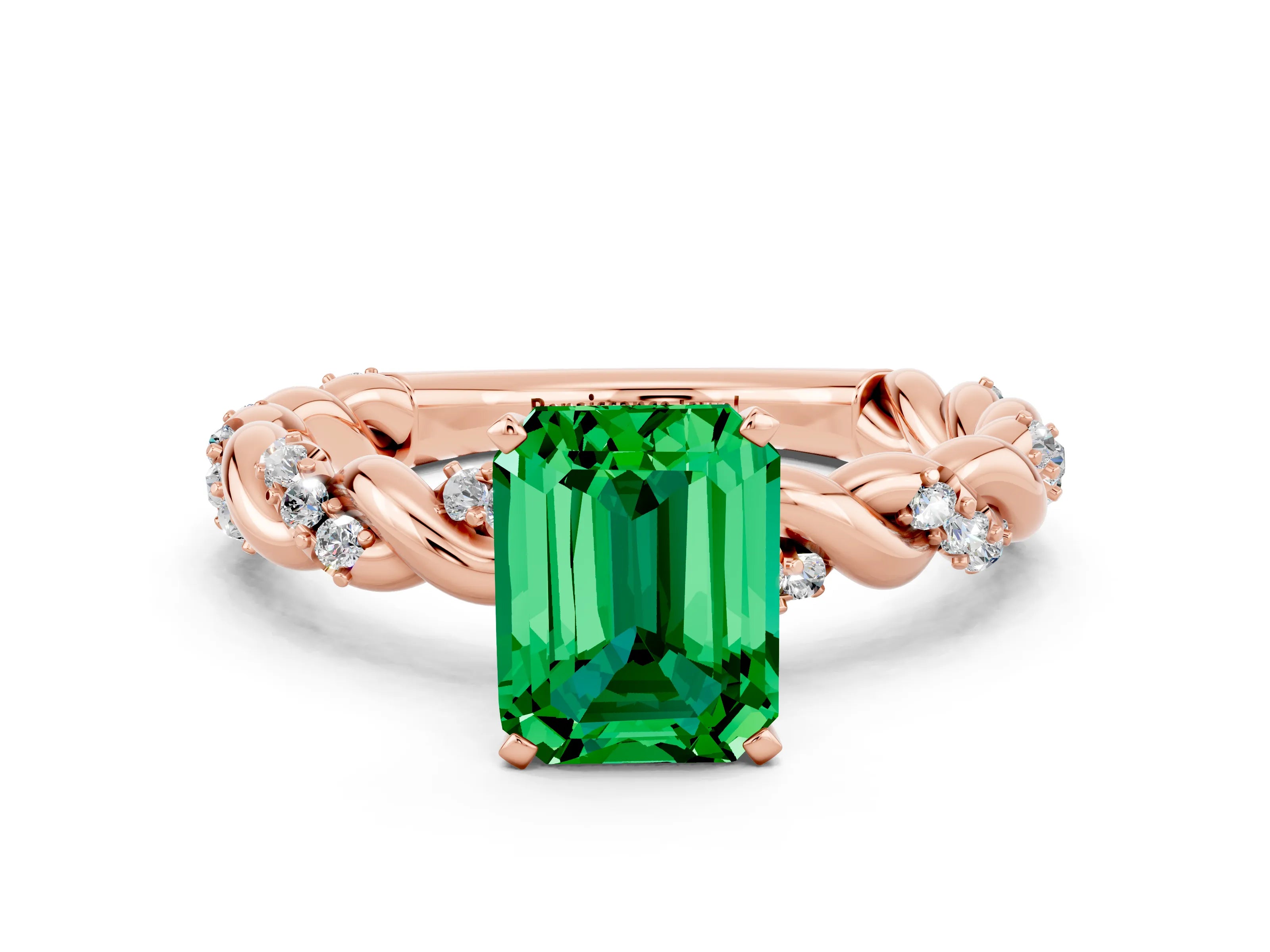Rose gold Emerald Cut Emerald Solitaire Ring with Twisted Band and Pavé Accents