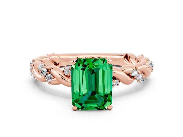 Rose gold Emerald Cut Emerald Solitaire Ring with Twisted Band and Pavé Accents