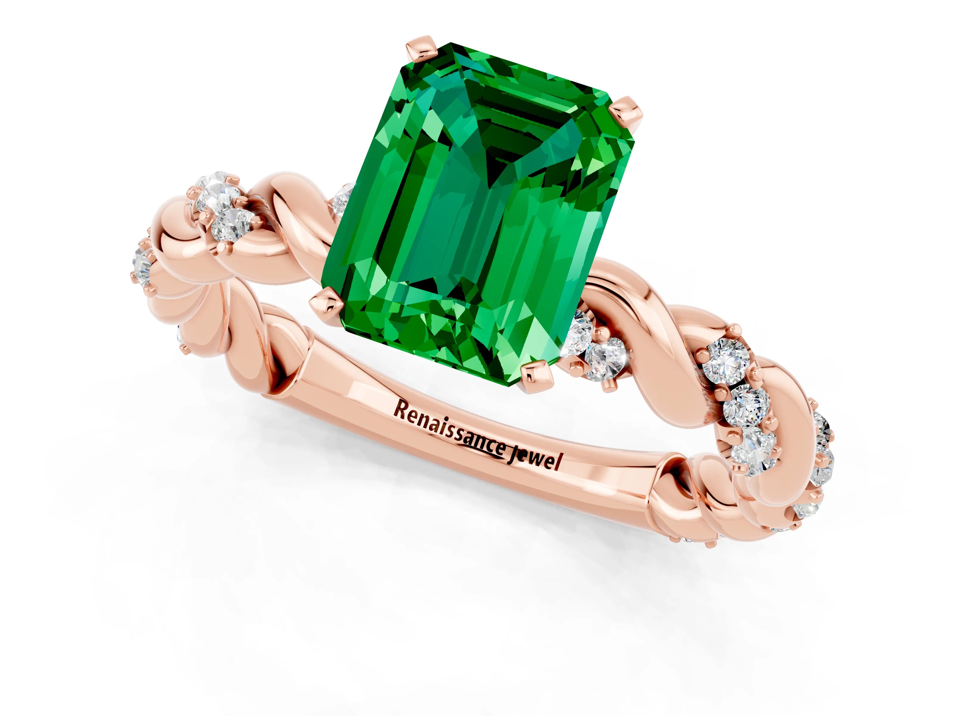 Rose gold Emerald Cut Emerald Solitaire Ring with Twisted Band and Pavé Accents_1