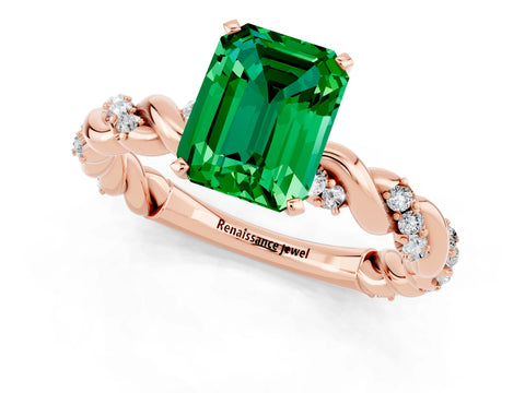 Rose gold Emerald Cut Emerald Solitaire Ring with Twisted Band and Pavé Accents_1