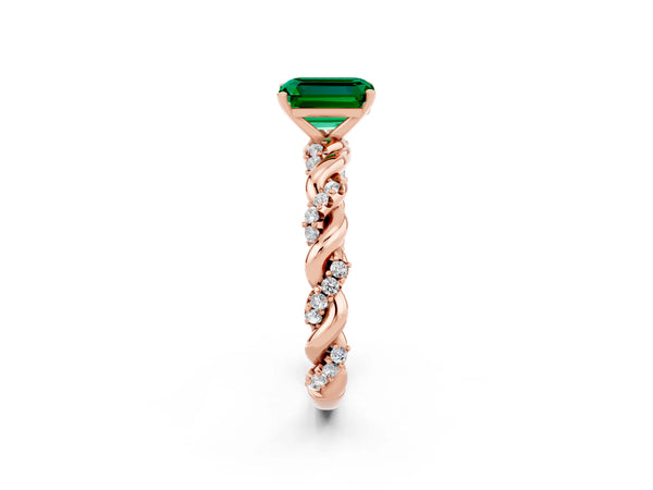 Rose gold Emerald Cut Emerald Solitaire Ring with Twisted Band and Pavé Accents