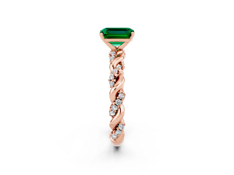 Rose gold Emerald Cut Emerald Solitaire Ring with Twisted Band and Pavé Accents_2