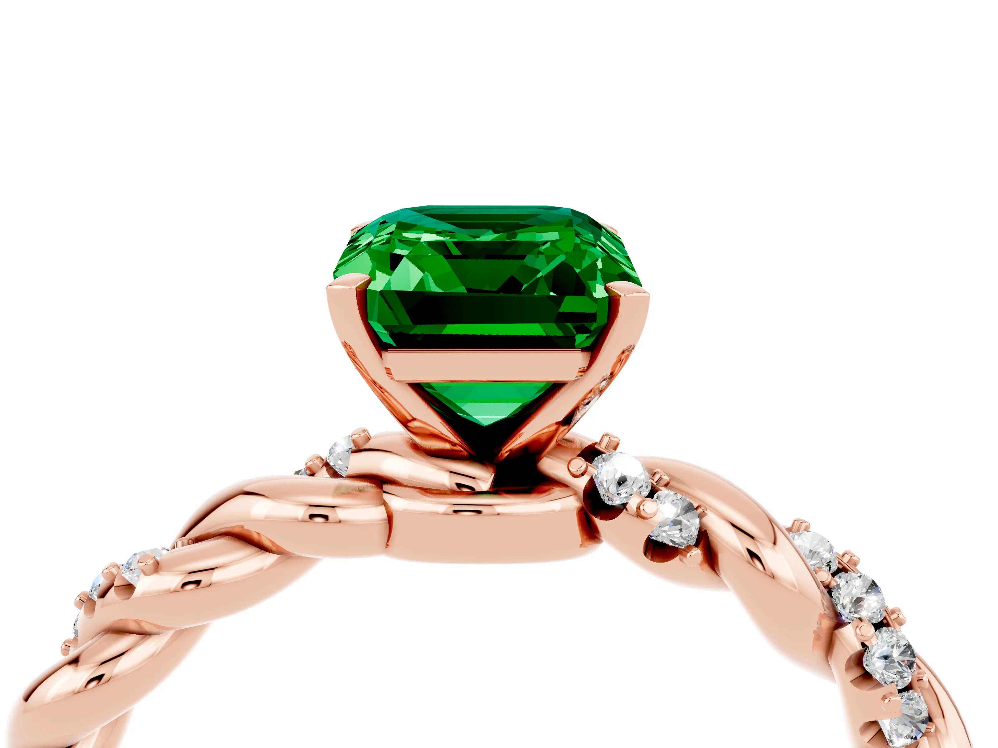 Rose gold Emerald Cut Emerald Solitaire Ring with Twisted Band and Pavé Accents_4