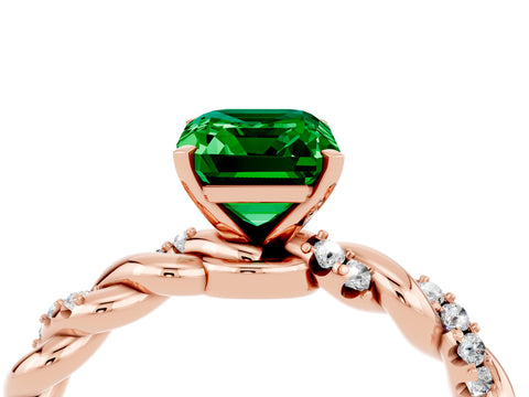 Rose gold Emerald Cut Emerald Solitaire Ring with Twisted Band and Pavé Accents_4