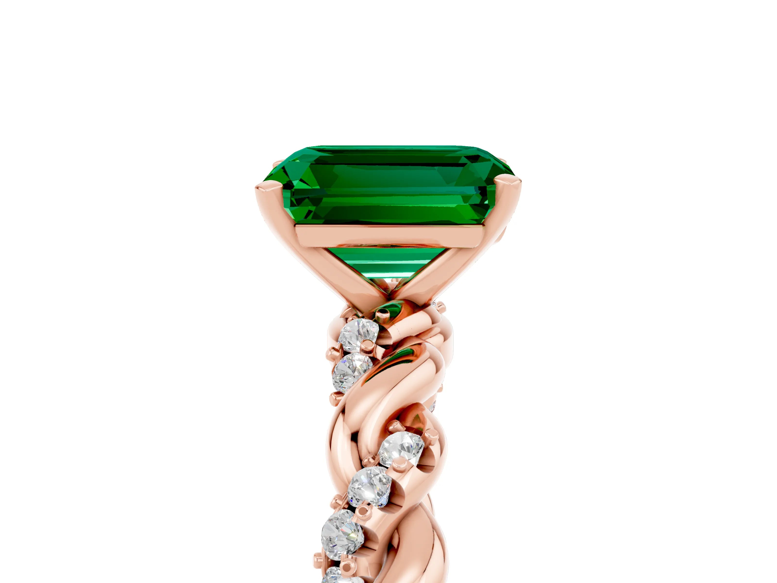 Rose gold Emerald Cut Emerald Solitaire Ring with Twisted Band and Pavé Accents_5